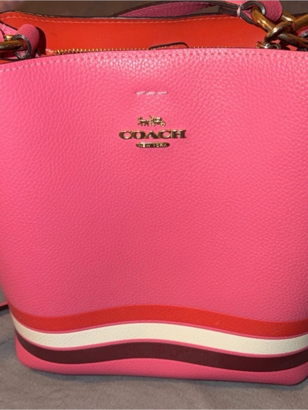 COACH Pink Pebble Leather Tote with Red and White Wave Stripes